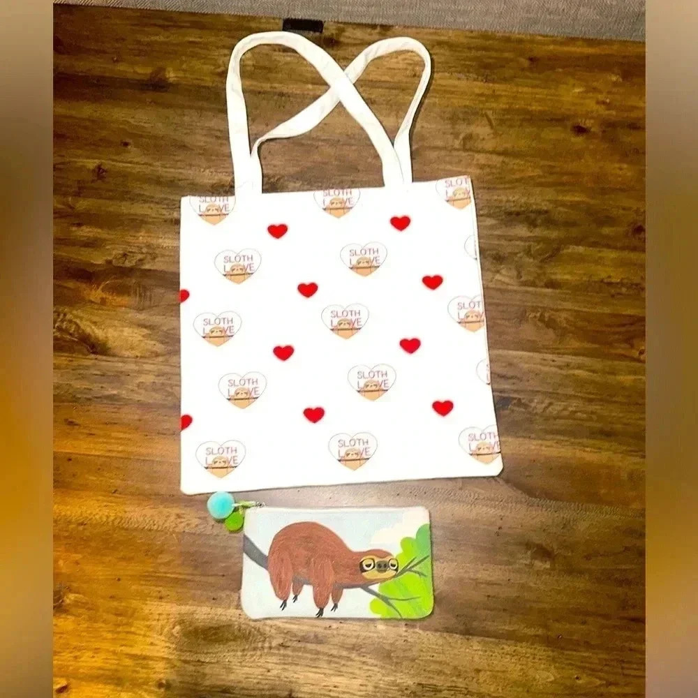 💥2 Count Sloth Canvas Tote Bag SLOTH LOVE & Sloth Zippered Pouch Bundle Lot